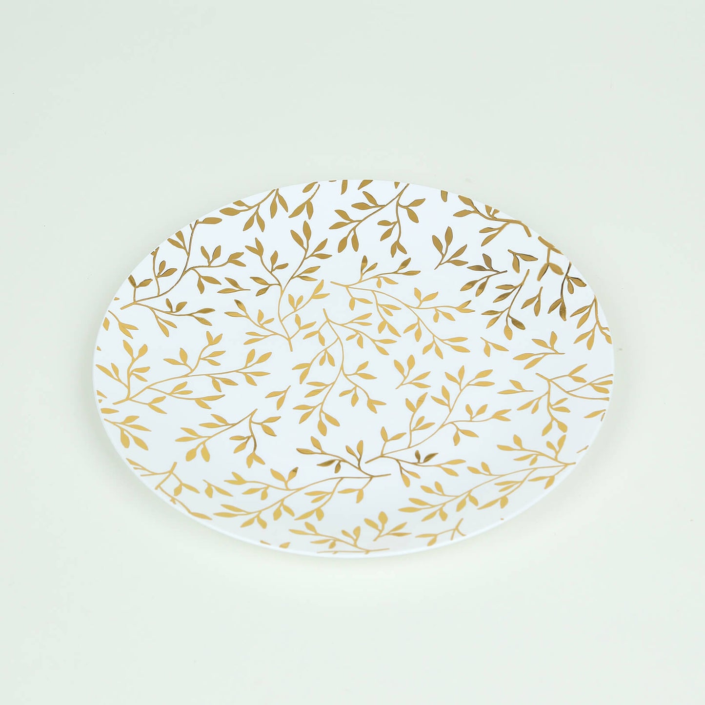 10 Pack White Round Plastic Dessert Plates with Gold Leaf Design, 8" Heavy Duty Disposable Salad Party Plates