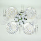 White round plastic dessert plates with gold leaf design, 8" heavy duty, party table setting.
