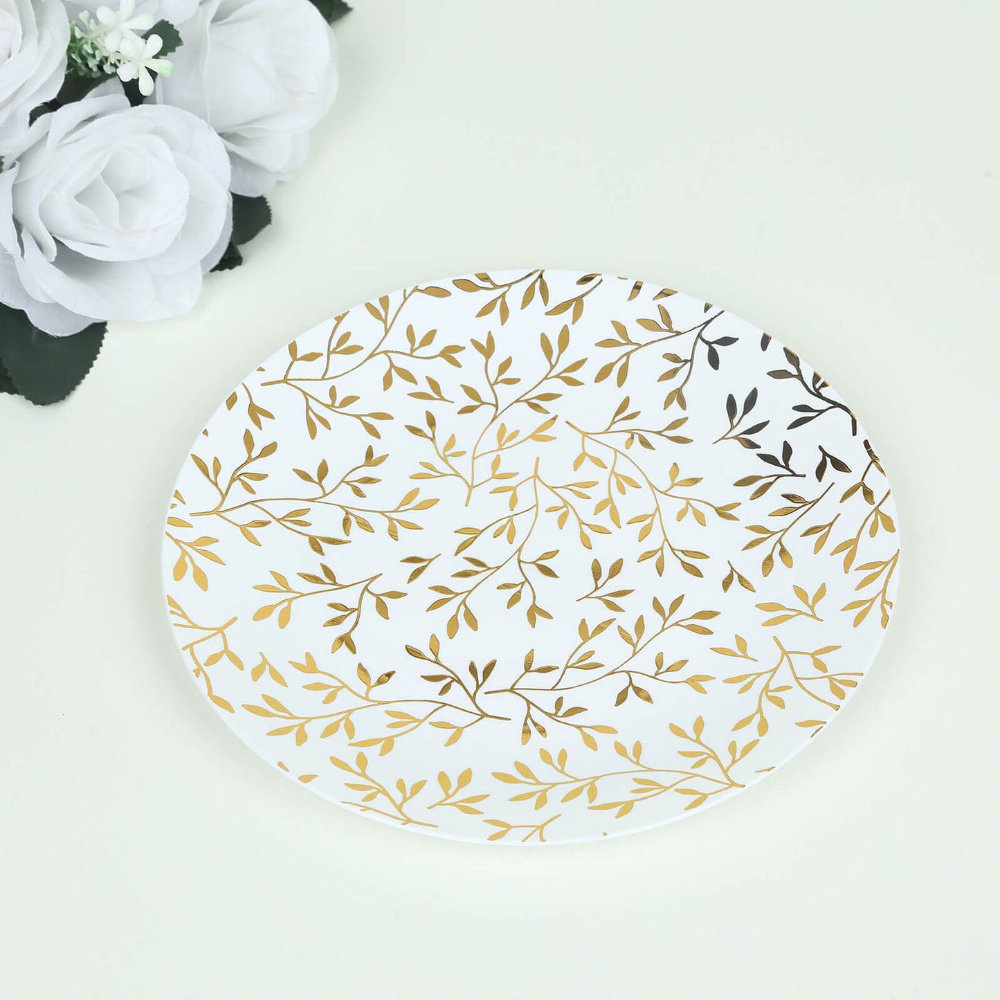 10 Pack White Round Plastic Dessert Plates with Gold Leaf Design, 8" Heavy Duty Disposable Salad Party Plates