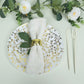 White round plastic dessert plate with gold leaf design, perfect for parties.