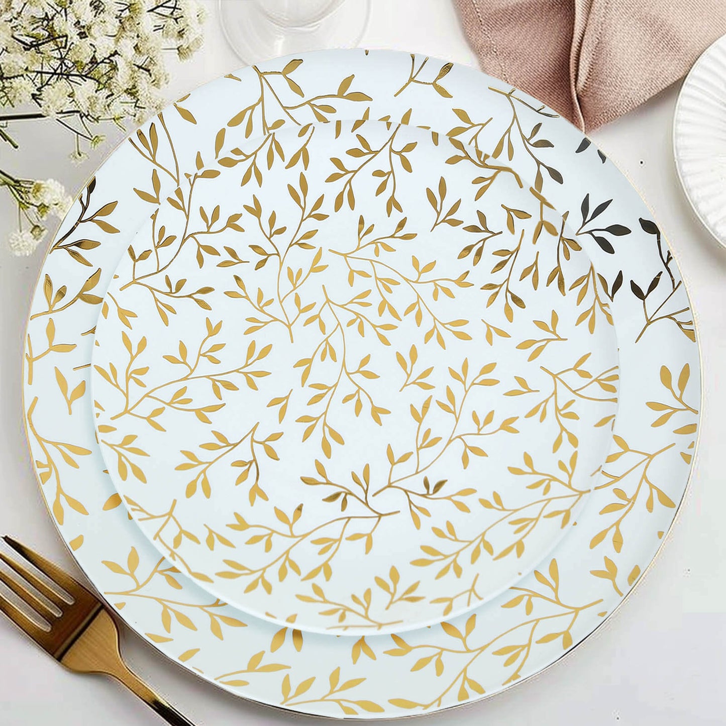 10 Pack White Round Plastic Dessert Plates with Gold Leaf Design, 8" Heavy Duty Disposable Salad Party Plates