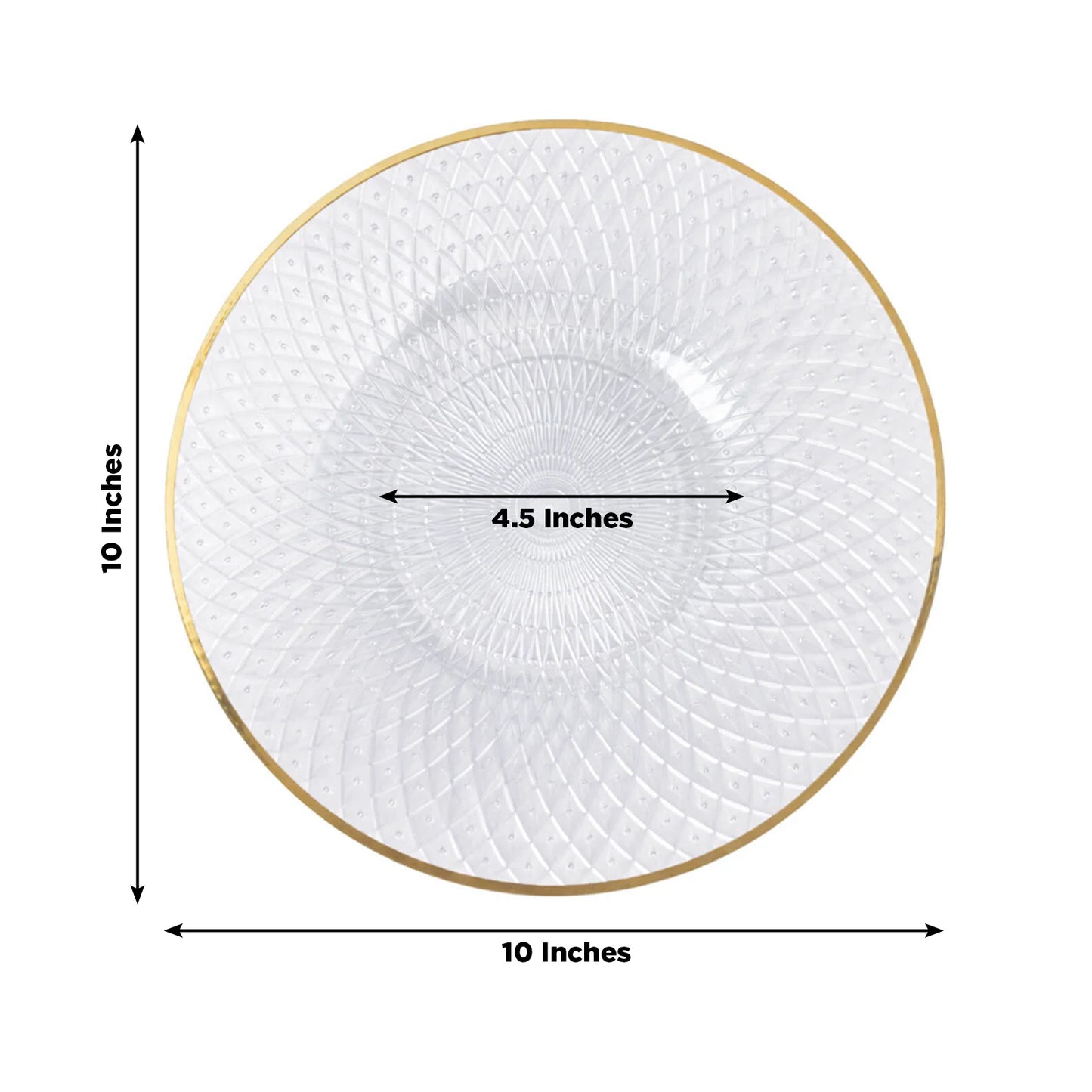 Clear plastic dinner plate with gold rim, 10 inches, radial diamond-cut pattern.