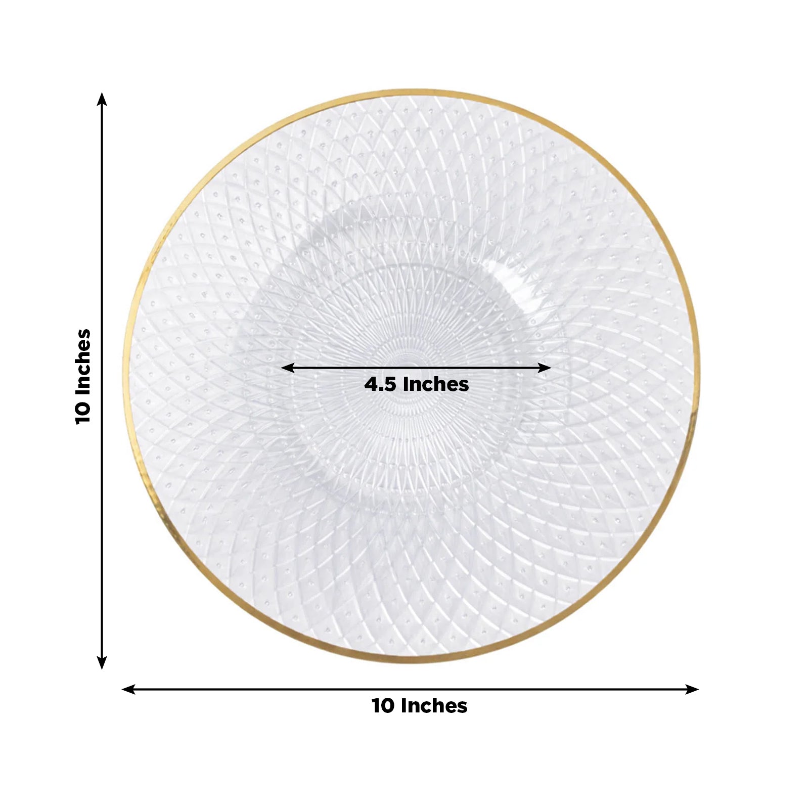 Clear plastic dinner plate with gold rim, 10 inches, radial diamond-cut pattern.