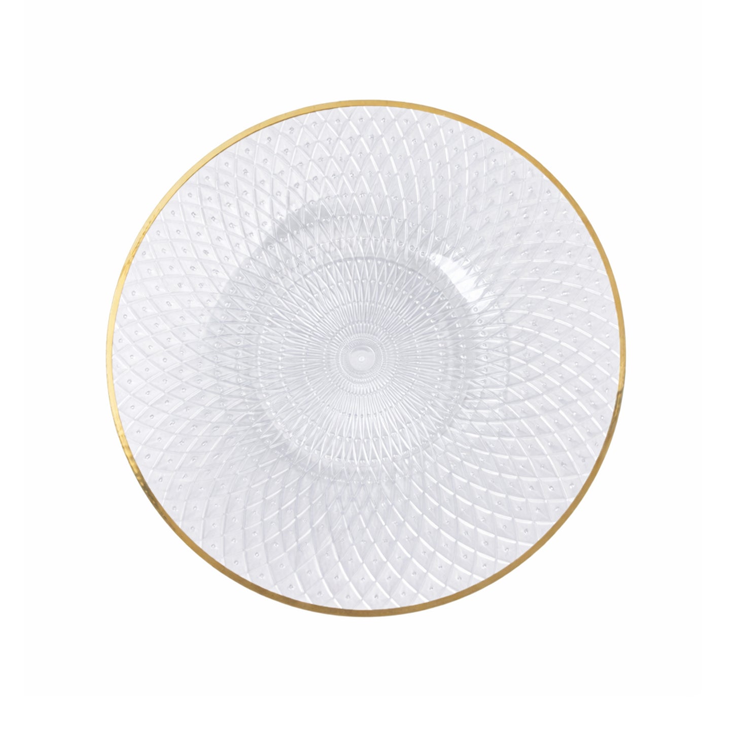 20-Pack Round Clear Plastic Dinner Plates – 10" Radial Diamond-Cut Pattern Gold Rim Party Plates, Durable Disposable Tableware