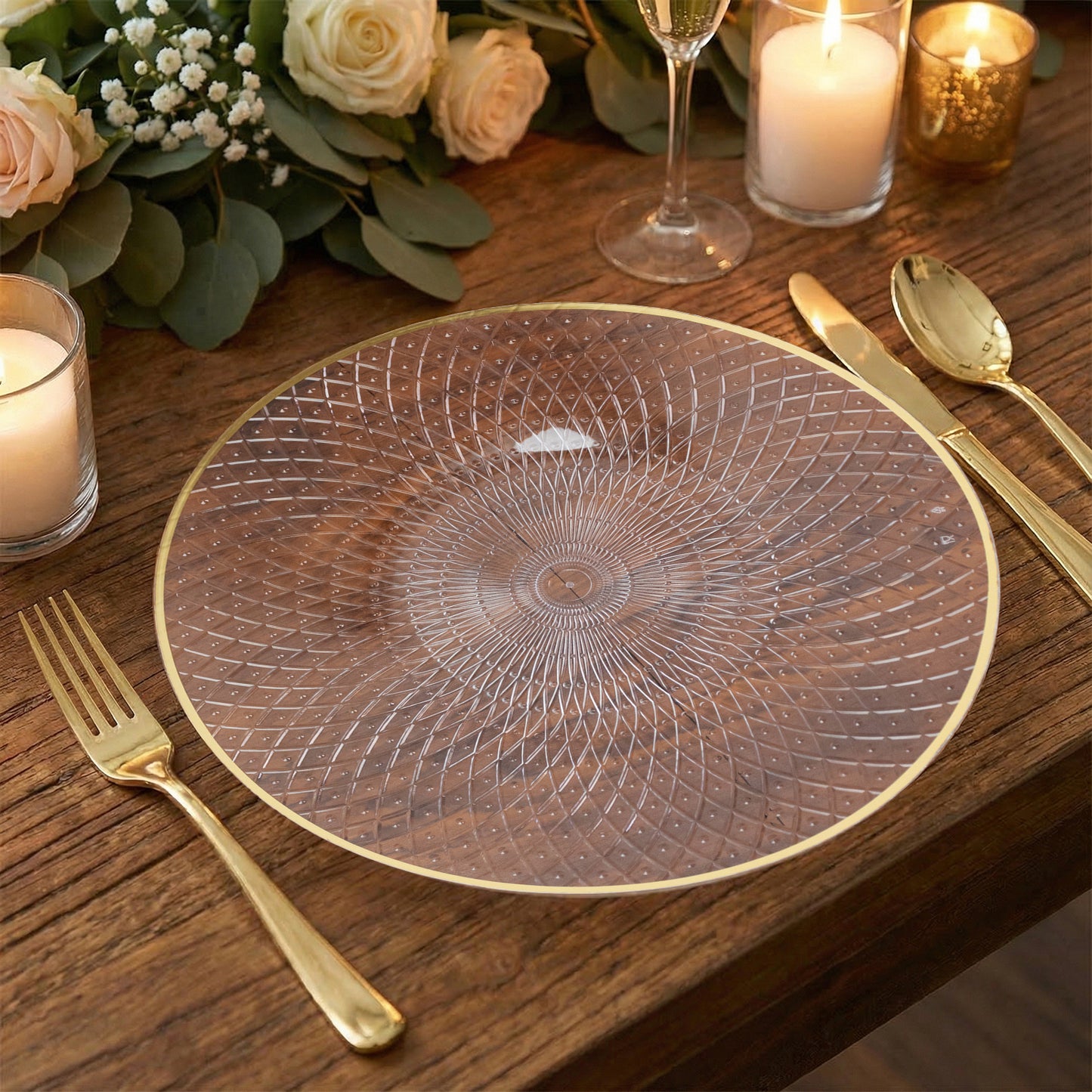 20-Pack Round Clear Plastic Dinner Plates – 10" Radial Diamond-Cut Pattern Gold Rim Party Plates, Durable Disposable Tableware