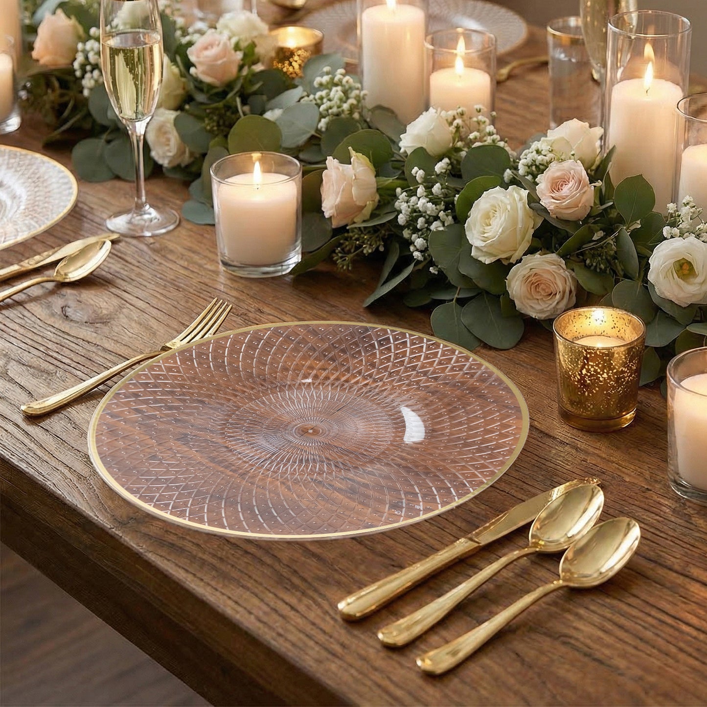 20-Pack Round Clear Plastic Dinner Plates – 10" Radial Diamond-Cut Pattern Gold Rim Party Plates, Durable Disposable Tableware