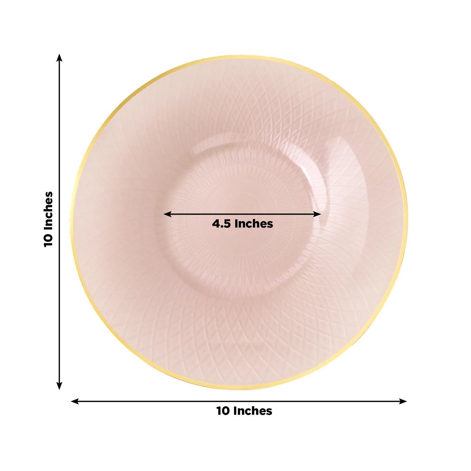 Blush pink round plastic dinner plate with gold rim and diamond-cut pattern.