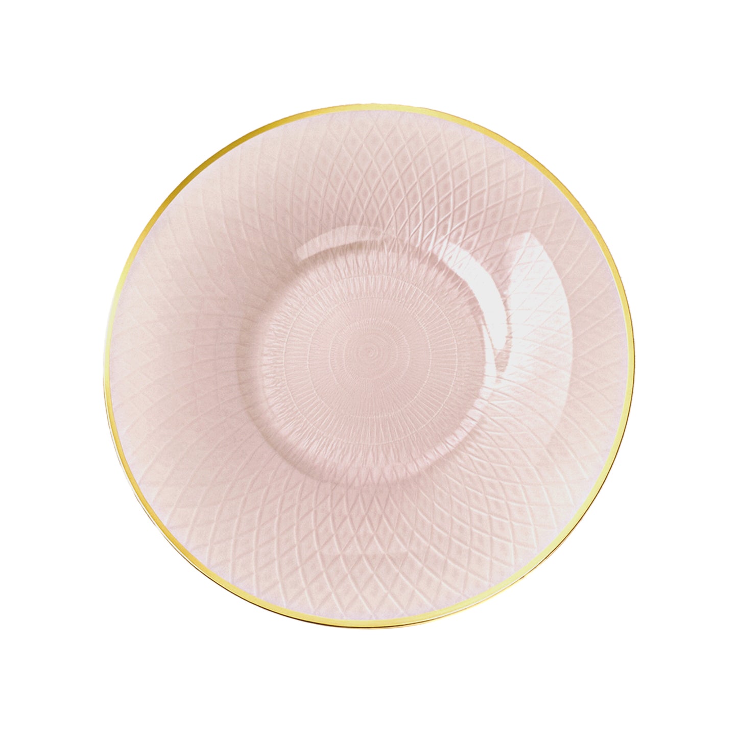 Blush pink plastic dinner plate with gold rim and diamond-cut pattern.