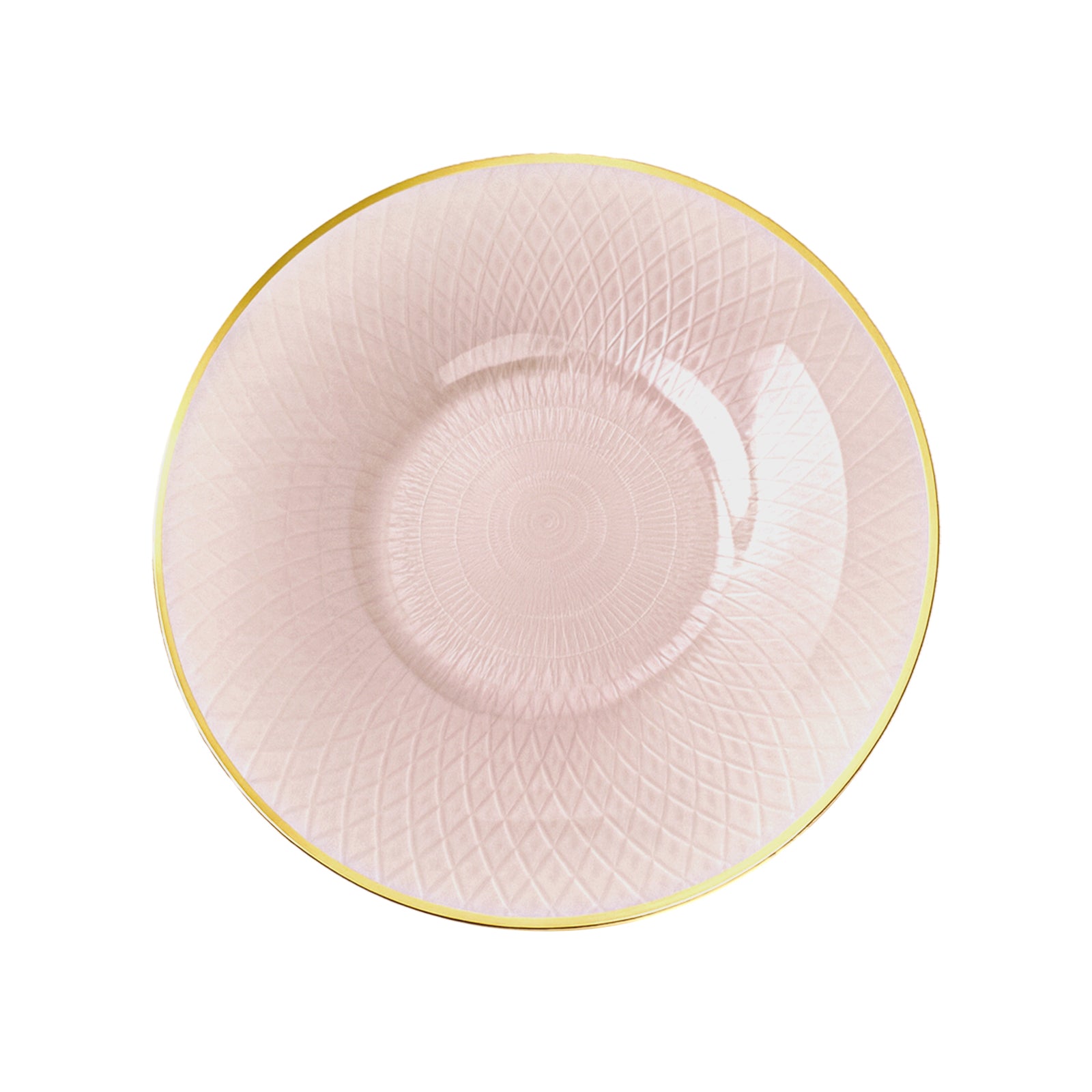 Blush pink plastic dinner plate with gold rim and diamond-cut pattern.