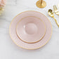20-Pack Round Pearl Blush Plastic Dinner Plates – 10" Radial Diamond-Cut Pattern Gold Rim Party Plates, Durable Disposable Tableware