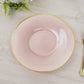 Blush pink round dinner plate with gold rim and radial diamond-cut pattern.