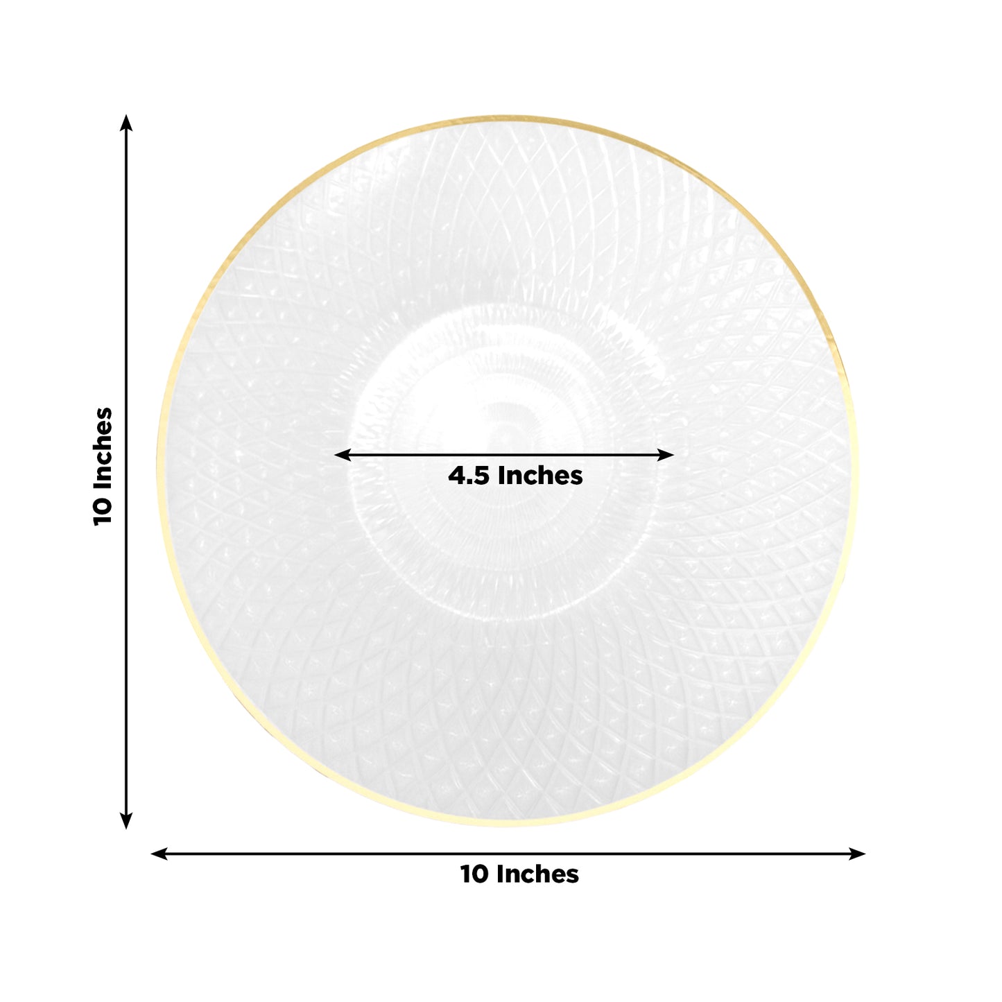 20-pack pearl white plastic dinner plates with gold rim, 10-inch diameter.