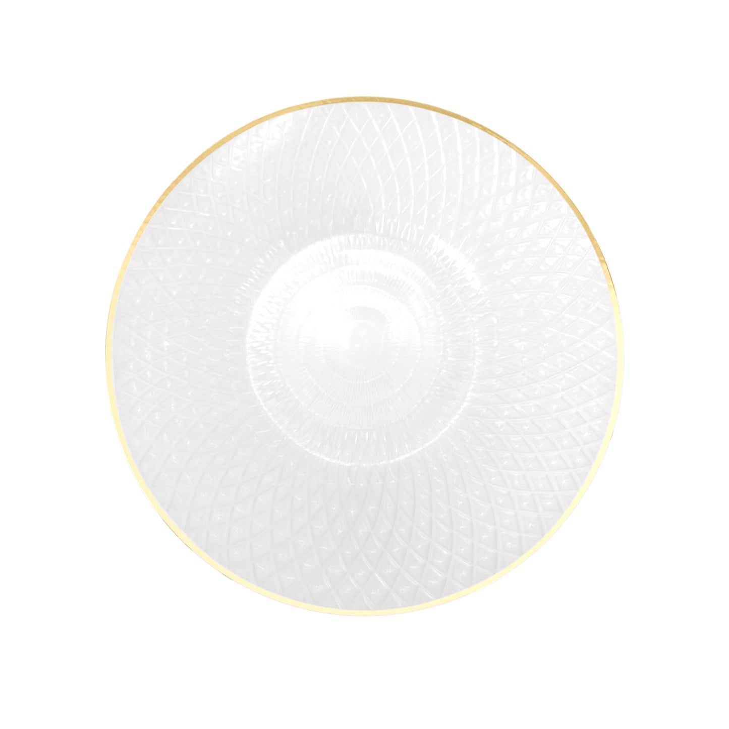 Round pearl white plastic dinner plate with gold rim, 10" radial diamond-cut pattern.