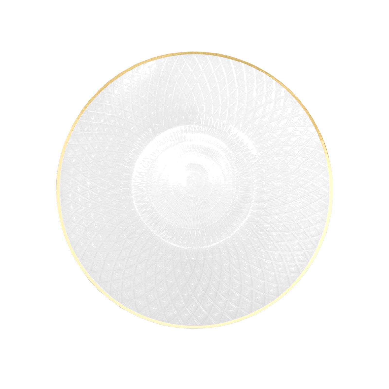 Round pearl white plastic dinner plate with gold rim, 10" radial diamond-cut pattern.