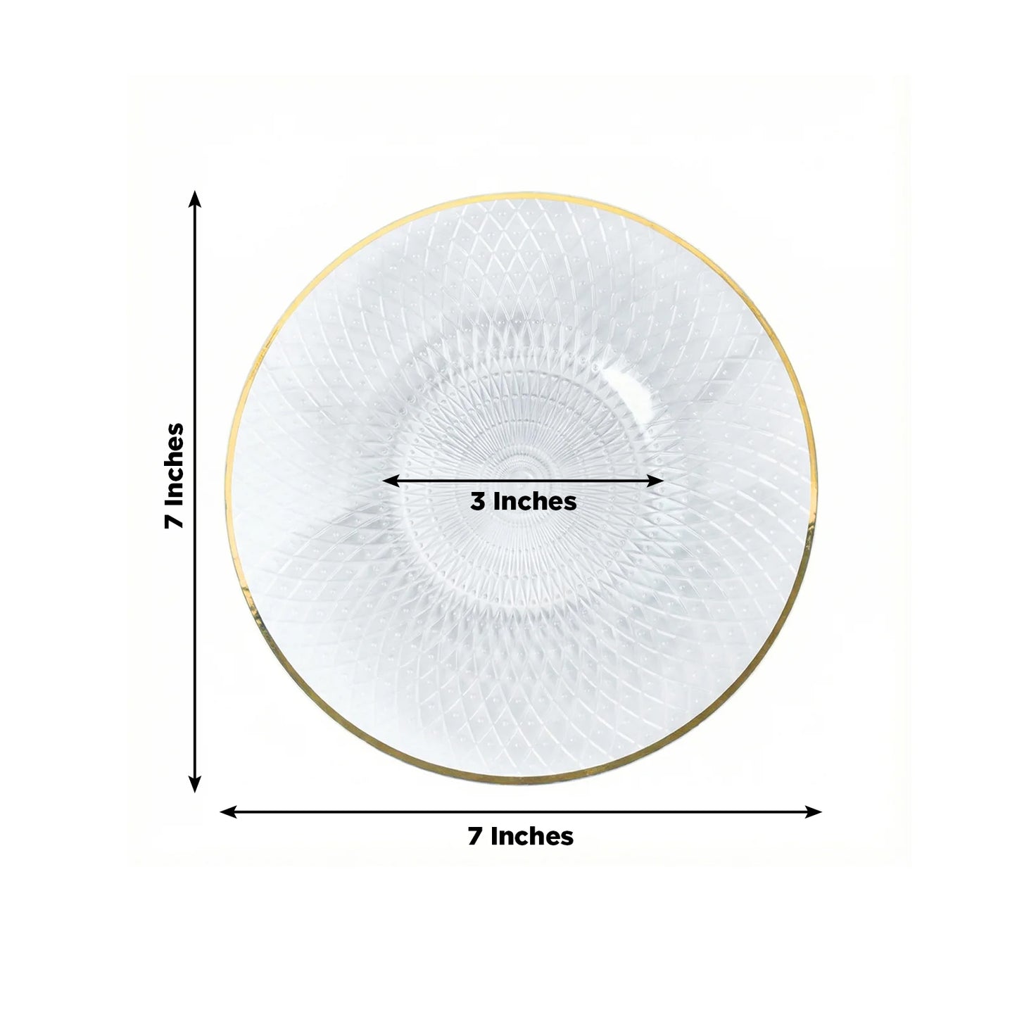 Clear plastic dessert plate with a gold rim and diamond-cut pattern.