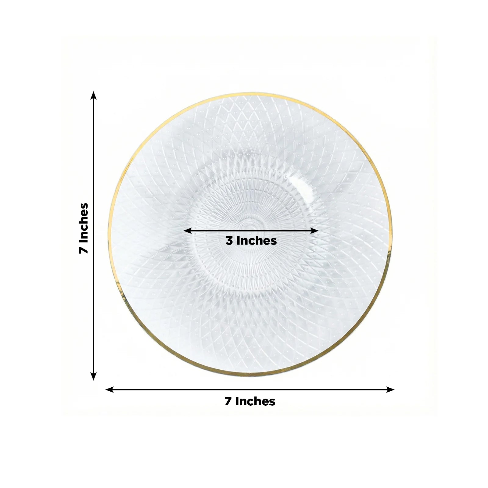 Clear plastic dessert plate with a gold rim and diamond-cut pattern.