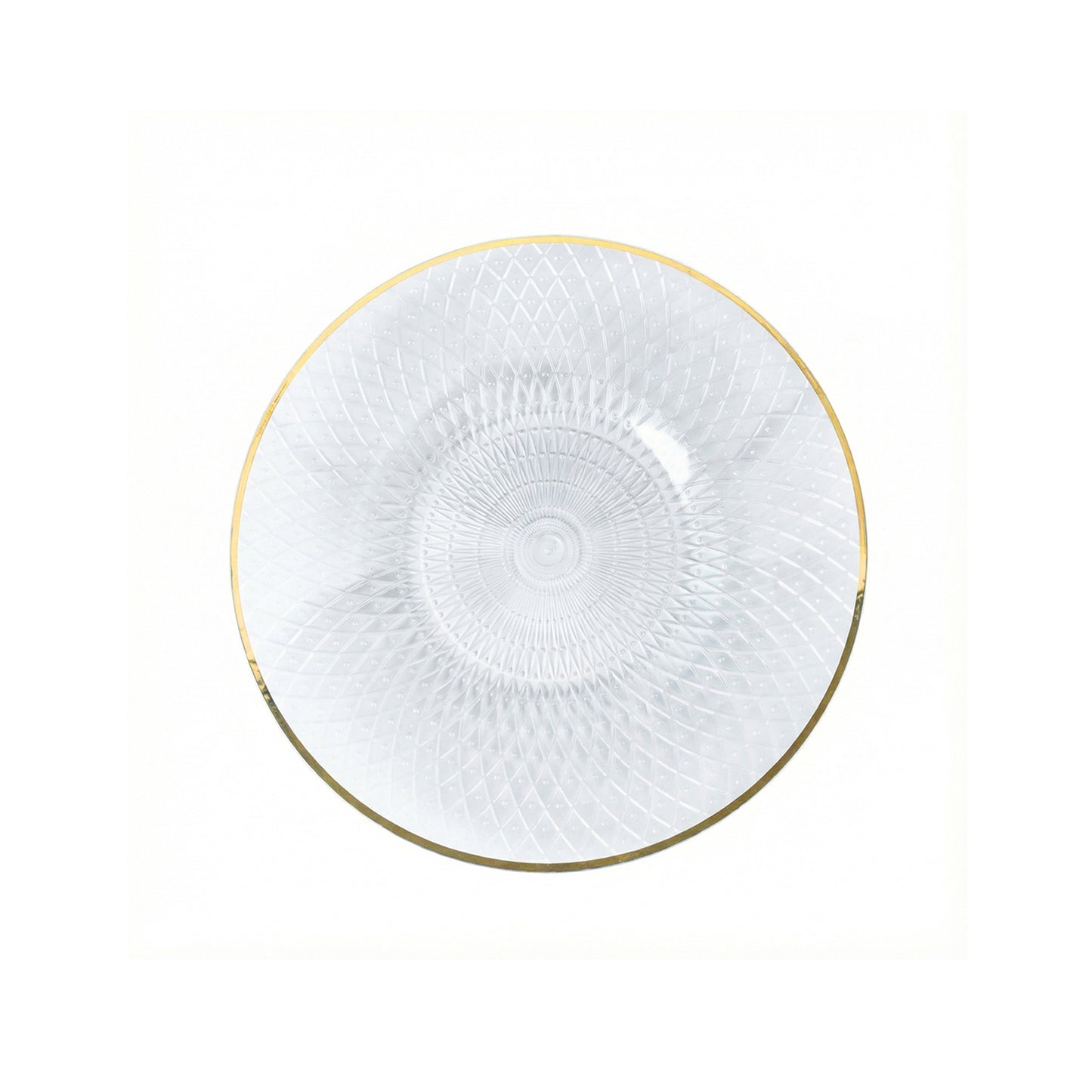 20-Pack Round Clear Plastic Dessert Plates – 7" Radial Diamond-Cut Pattern Gold Rim Salad Plates, Durable Disposable Tableware