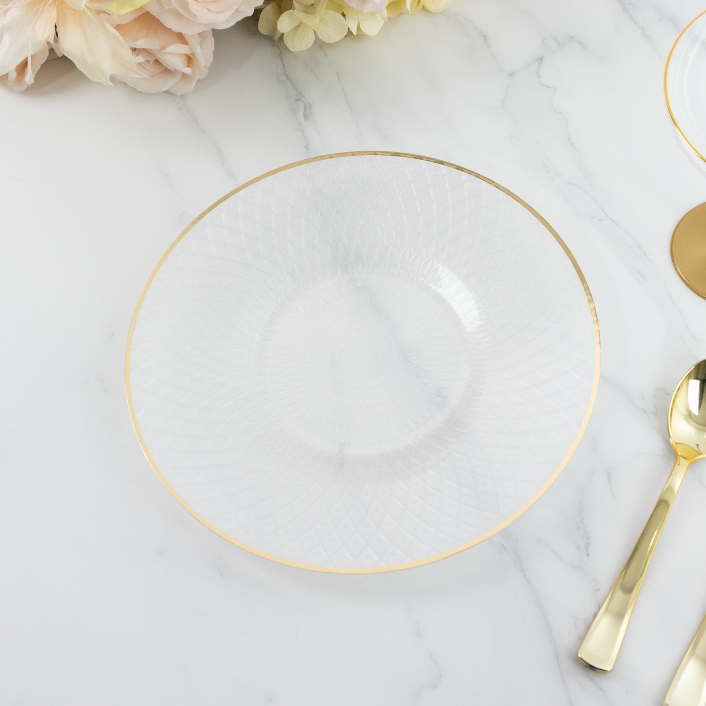 20-Pack Round Clear Plastic Dessert Plates – 7" Radial Diamond-Cut Pattern Gold Rim Salad Plates, Durable Disposable Tableware