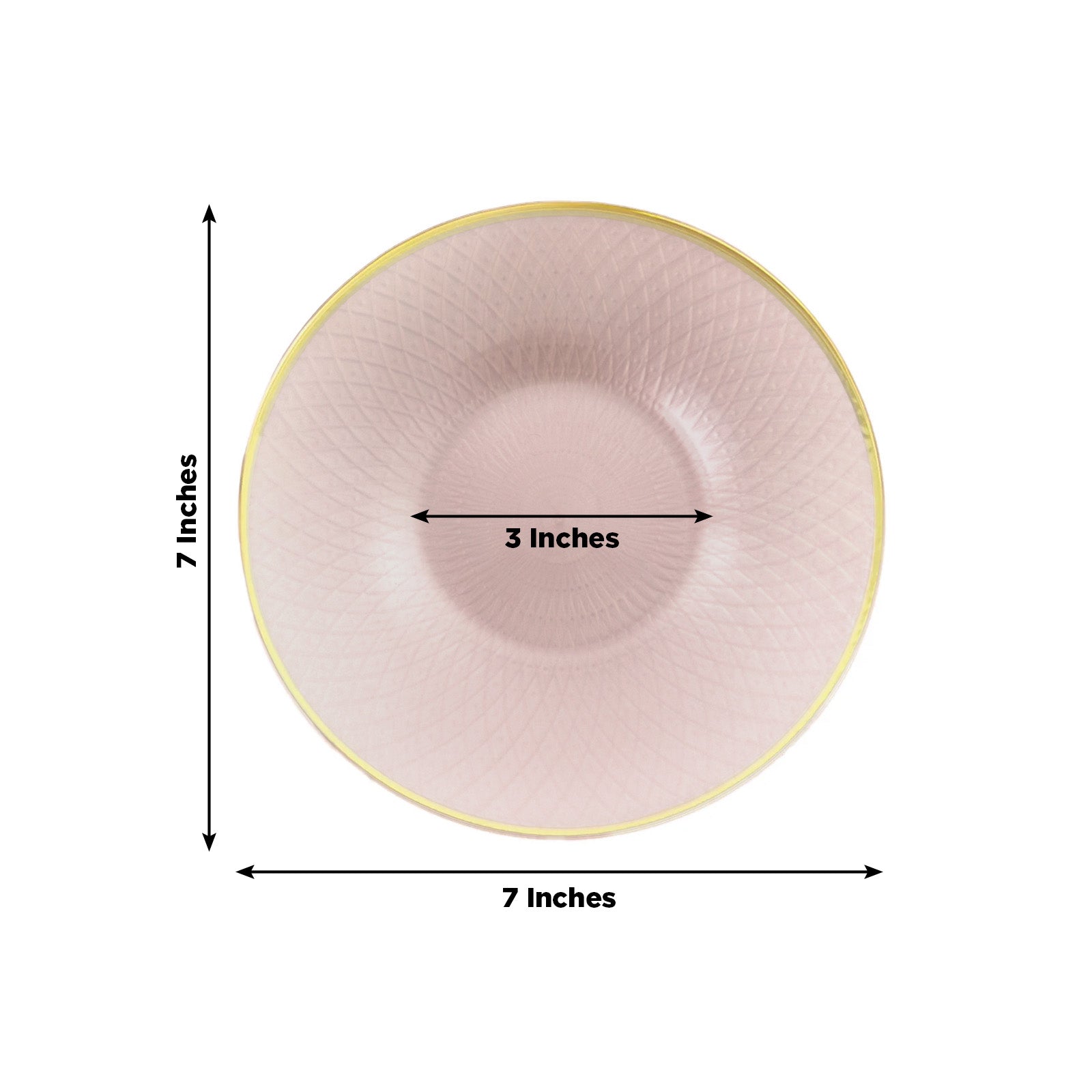 Blush plastic dessert plate with gold rim and diamond-cut pattern, 7 inches.