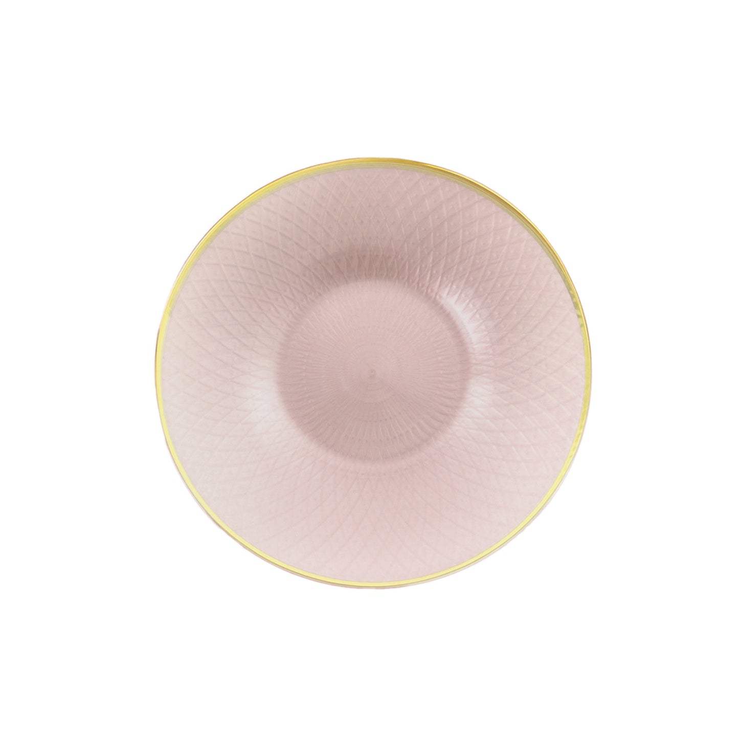 Blush pink round dessert plate with gold rim and diamond-cut pattern.