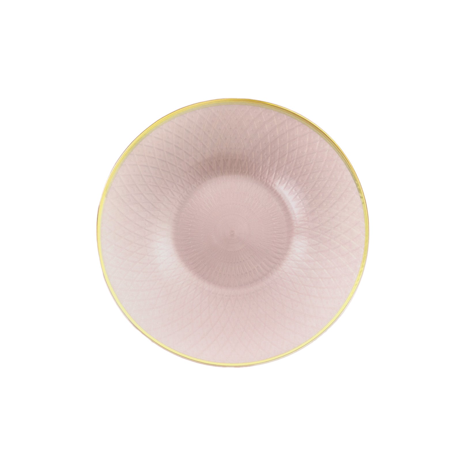 Blush pink round dessert plate with gold rim and diamond-cut pattern.