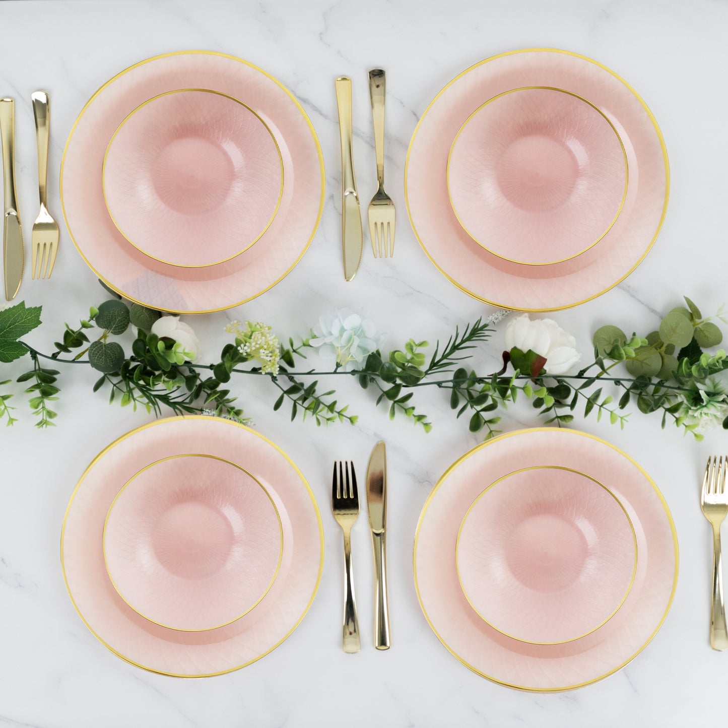 20-Pack Round Pearl Blush Plastic Dessert Plates – 7" Radial Diamond-Cut Pattern Gold Rim Salad Plates, Durable Disposable Tableware