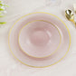 Blush pink plastic dessert plates with gold rim, 20-pack, 7-inch size.