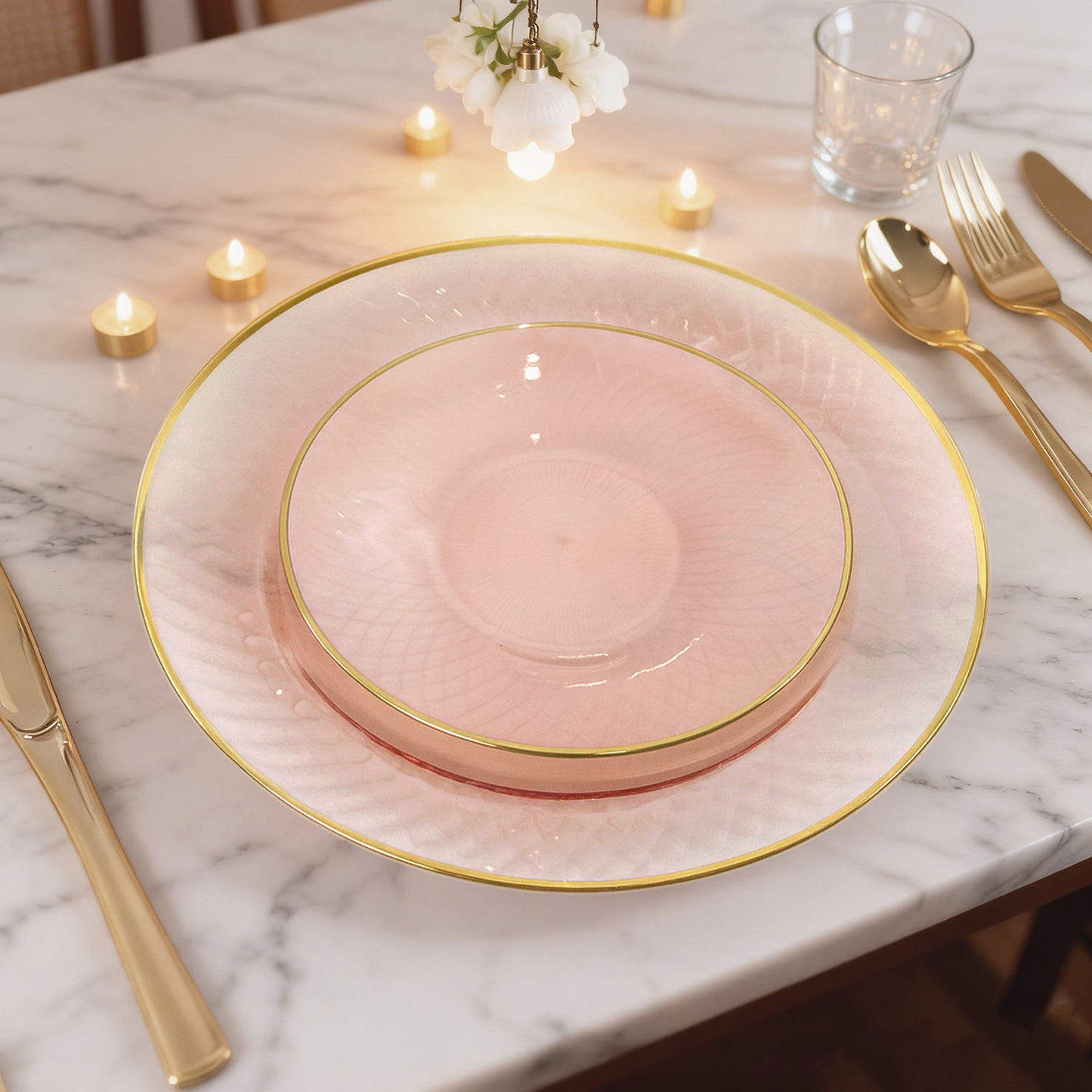 20-Pack Round Pearl Blush Plastic Dessert Plates – 7" Radial Diamond-Cut Pattern Gold Rim Salad Plates, Durable Disposable Tableware