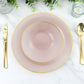 Blush pink round dessert plates with gold rim, 7 inches in diameter.