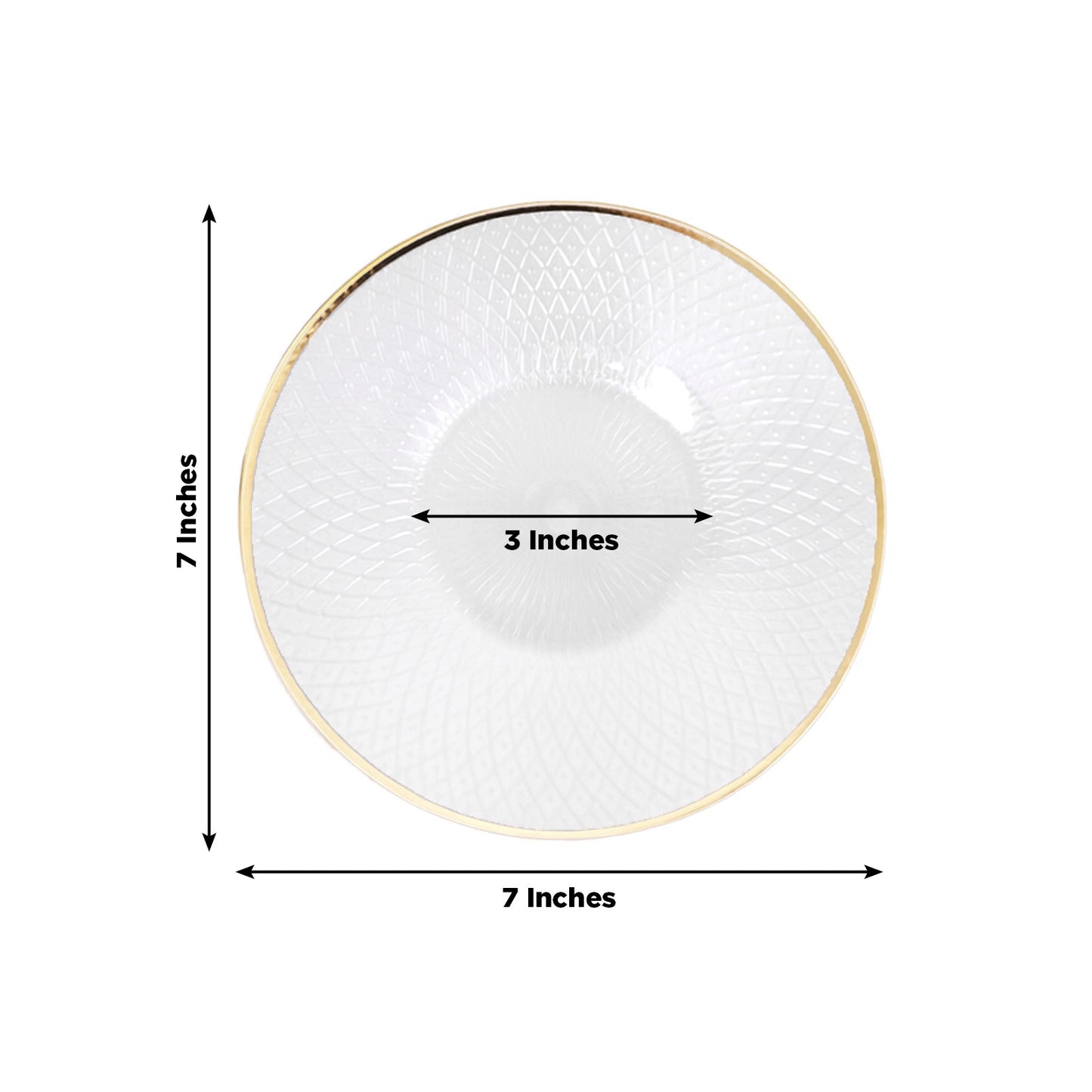 Round pearl white plastic dessert plate with gold rim, 7 inches, diamond-cut design.