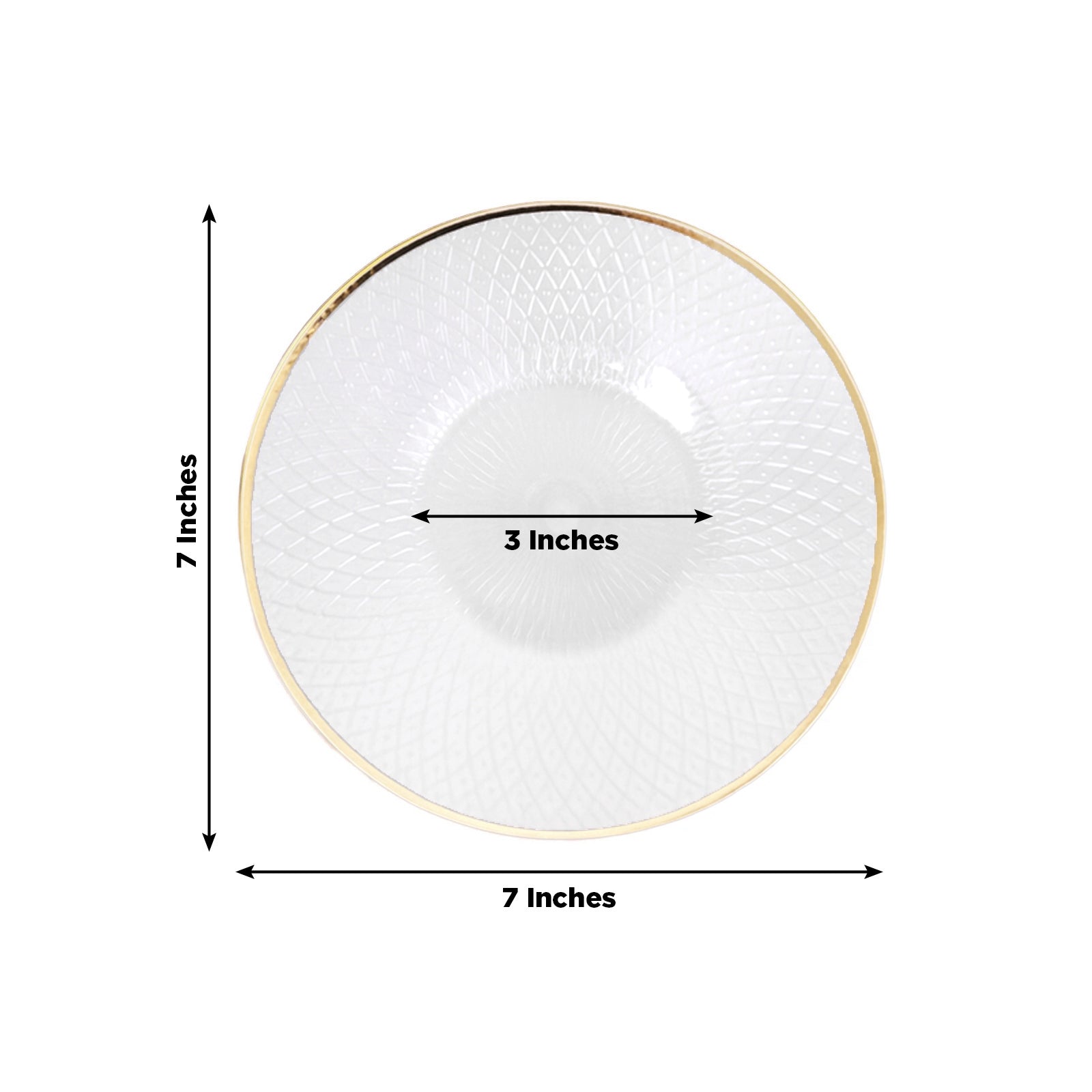Round pearl white plastic dessert plate with gold rim, 7 inches, diamond-cut design.