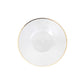 White round dessert plate with gold rim and diamond-cut pattern.