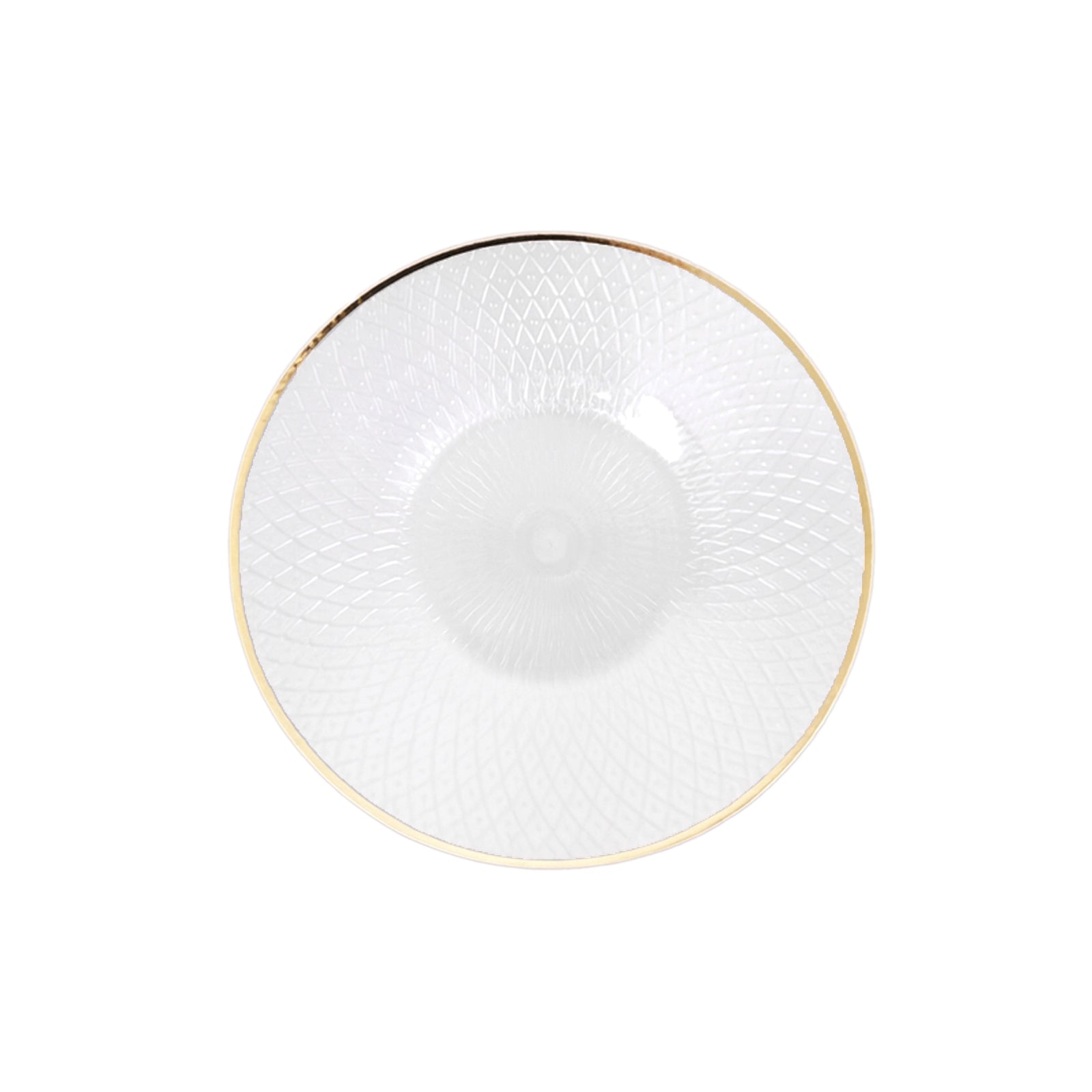 White round dessert plate with gold rim and diamond-cut pattern.