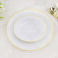 Round pearl white disposable plates with gold rim and diamond-cut pattern.
