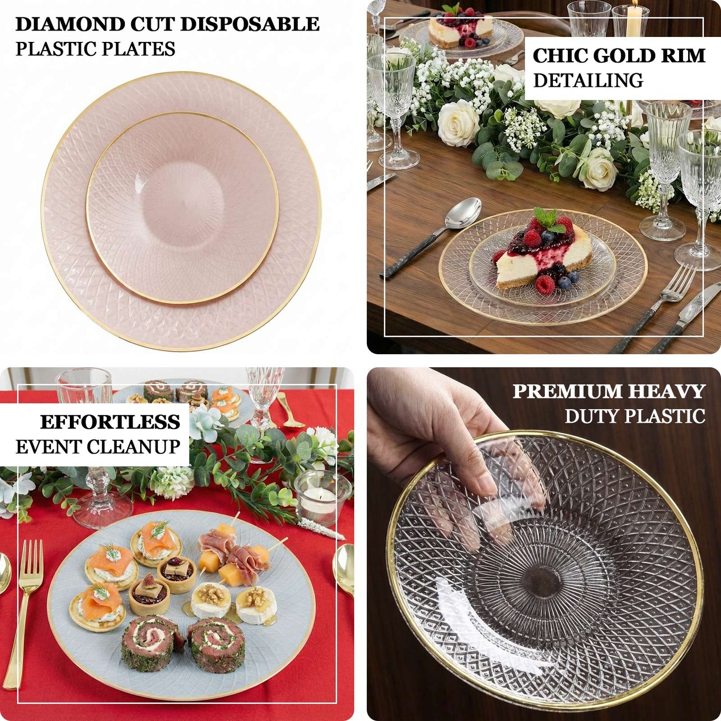 Round pearl white plastic dinner plates with gold rim, featuring a radial diamond-cut pattern.