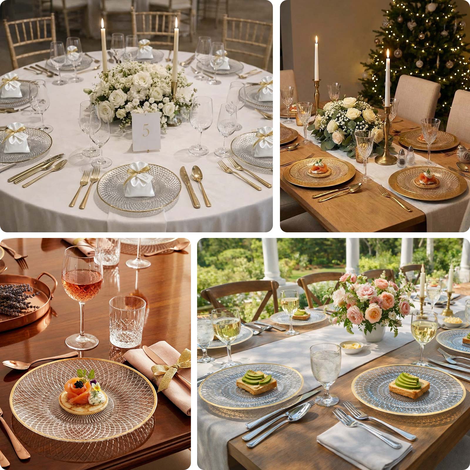 Round pearl white plastic dessert plates with gold rim, ideal for elegant dining.