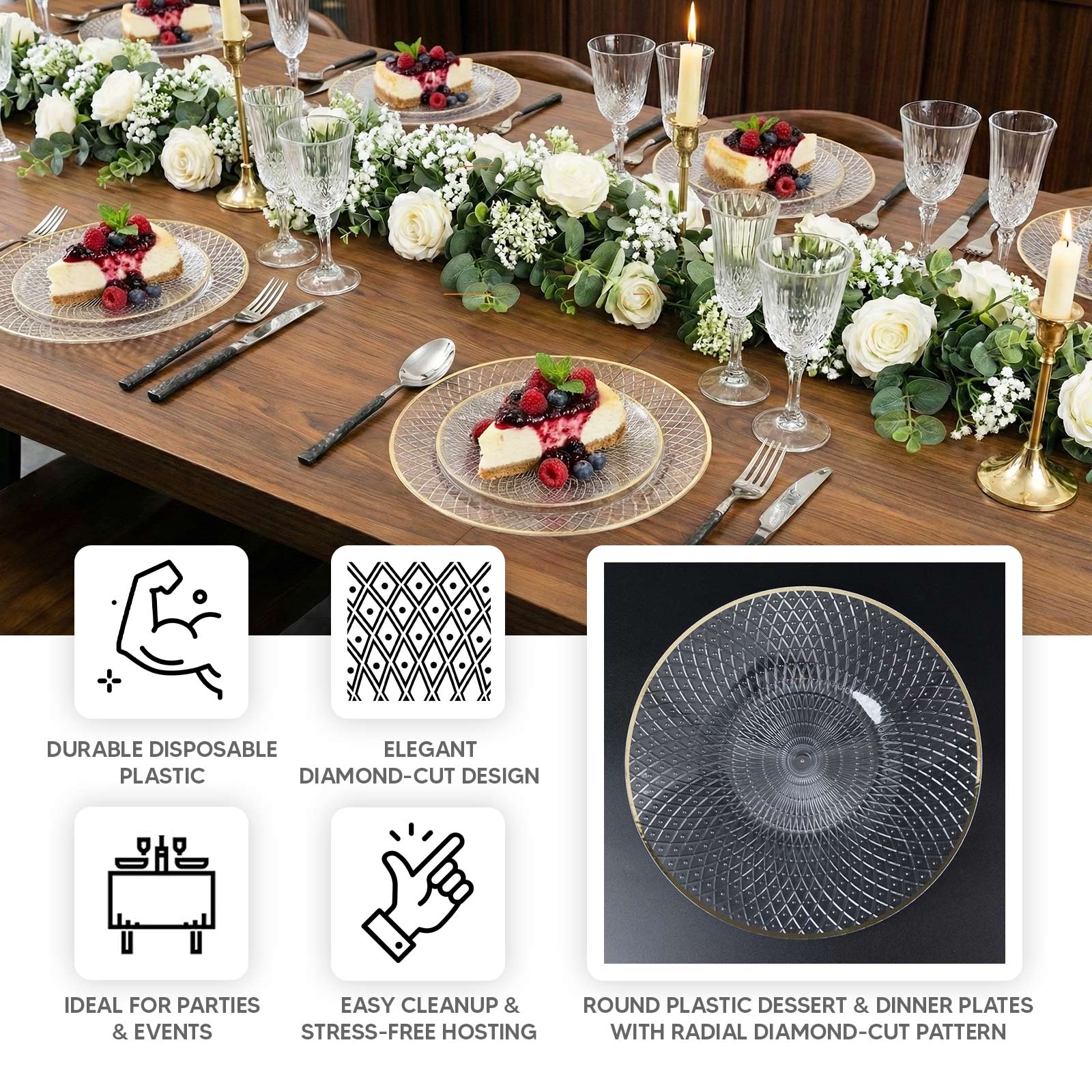 Clear plastic dessert plates with gold rim and diamond-cut pattern.