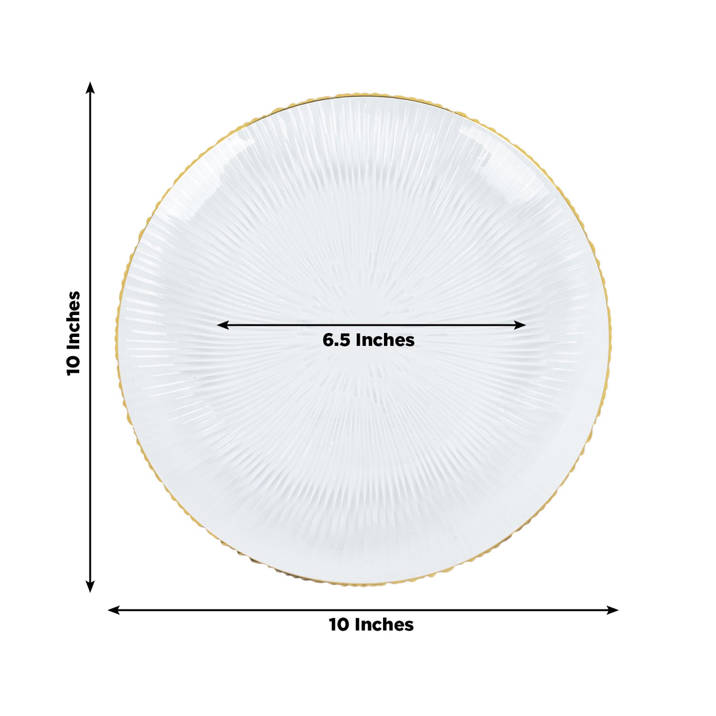 Clear plastic dinner plate with gold rim and ribbed sunburst pattern.