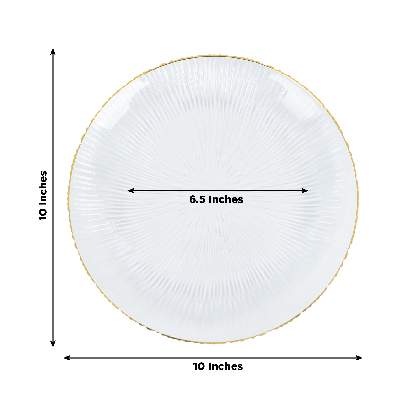 Clear plastic dinner plate with gold rim and ribbed sunburst pattern.
