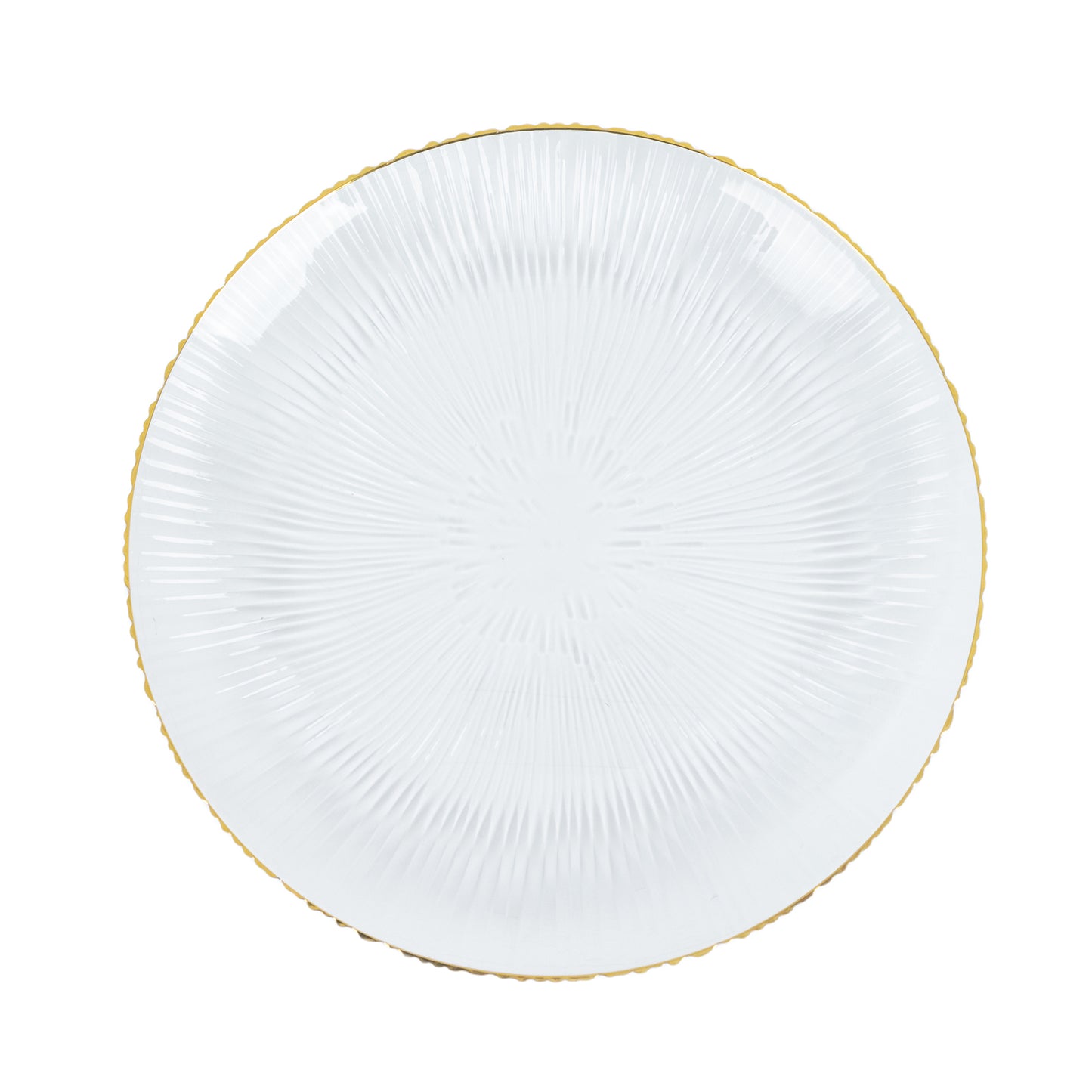 Clear plastic dinner plate with gold rim and ribbed sunburst pattern. #whtbkgd