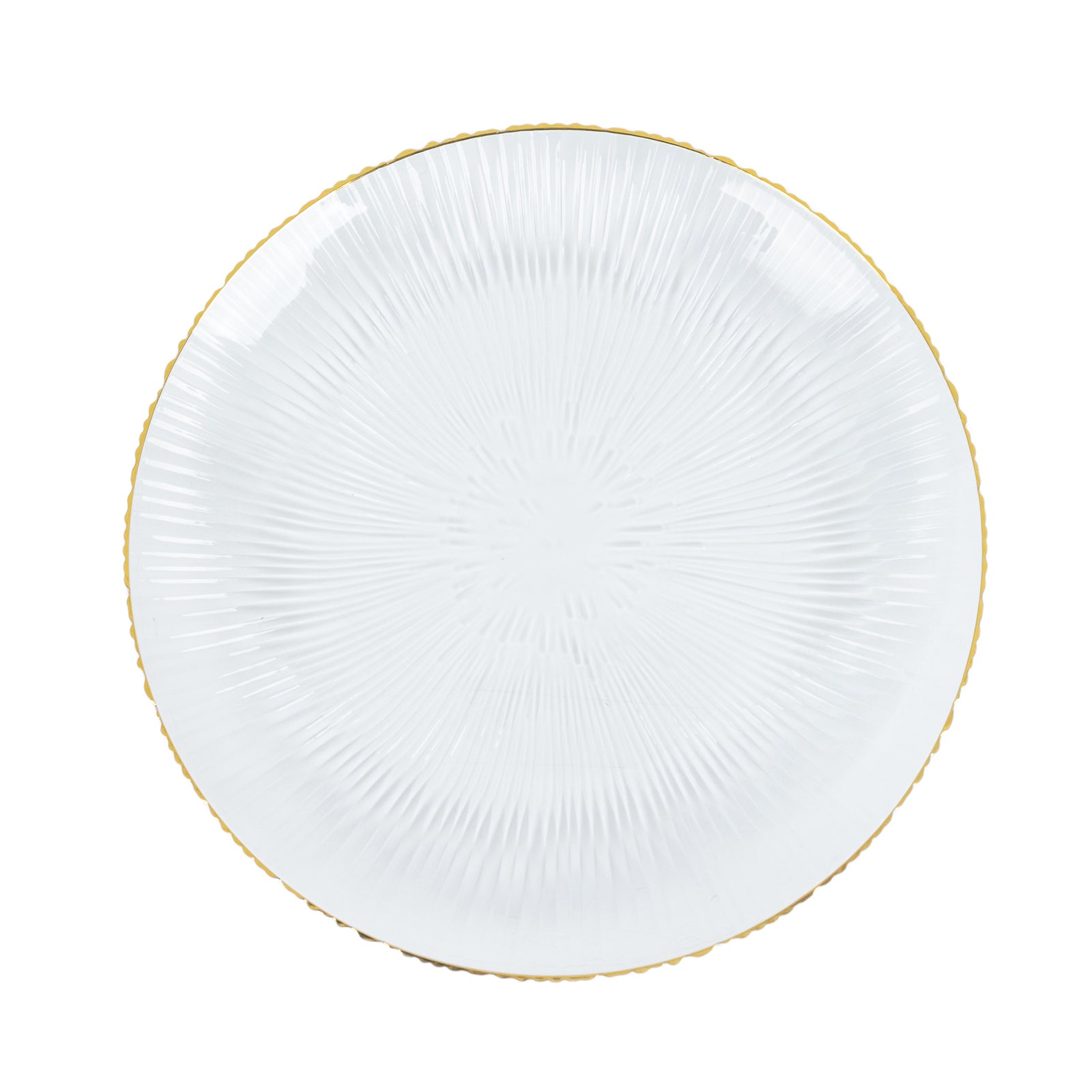 Clear plastic dinner plate with gold rim and ribbed sunburst pattern. #whtbkgd