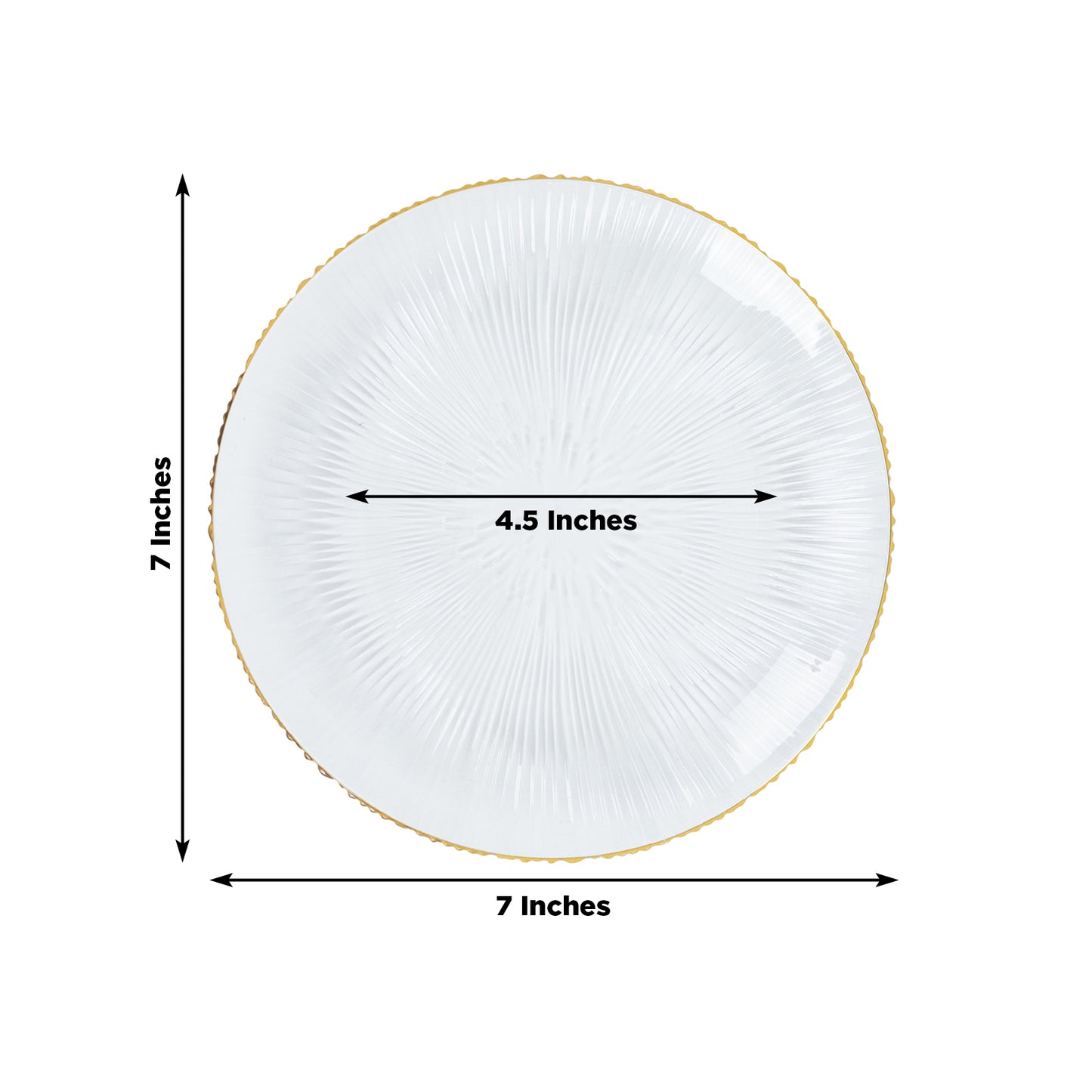 Clear plastic dessert plate with gold rim and ribbed sunburst pattern.