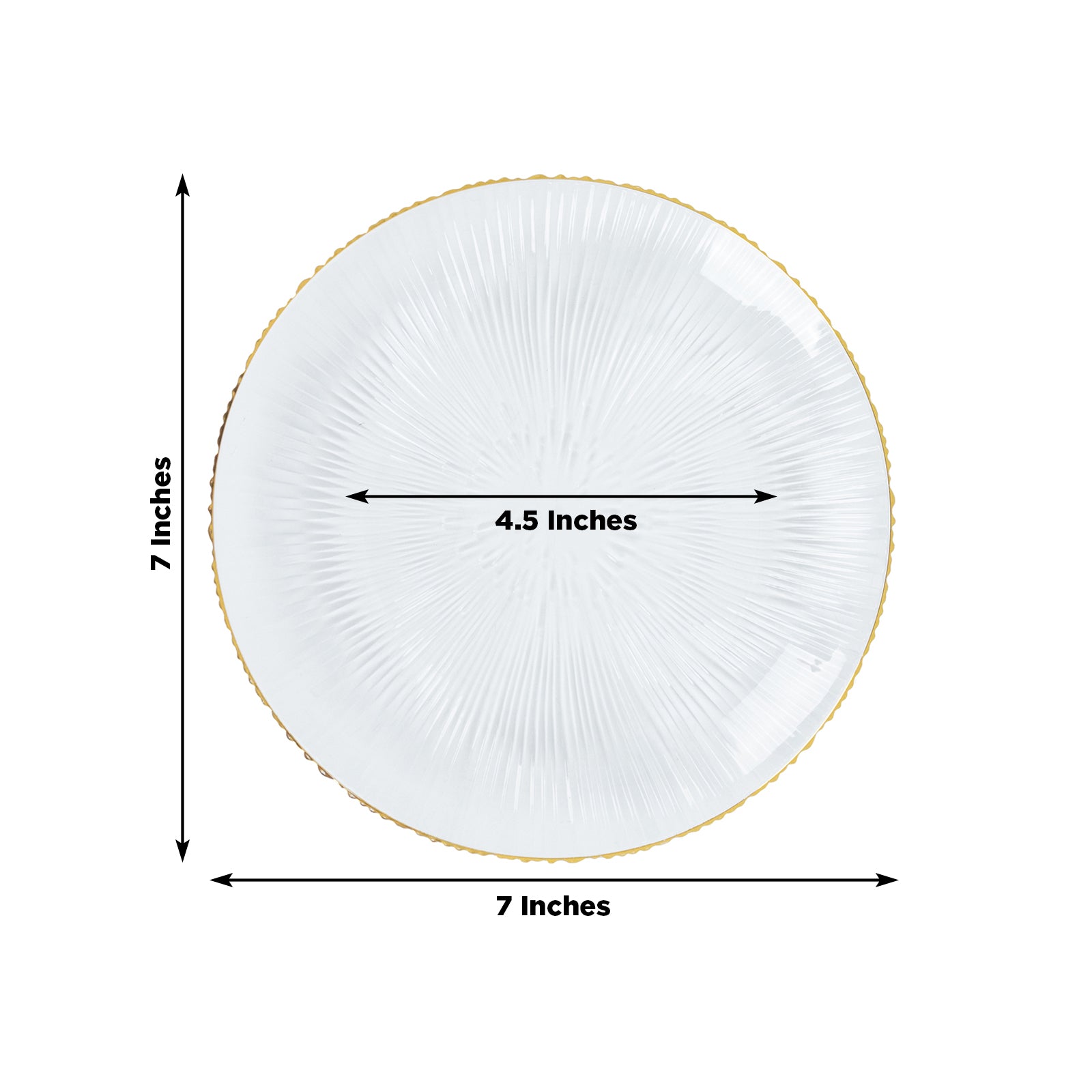 Clear plastic dessert plate with gold rim and ribbed sunburst pattern.