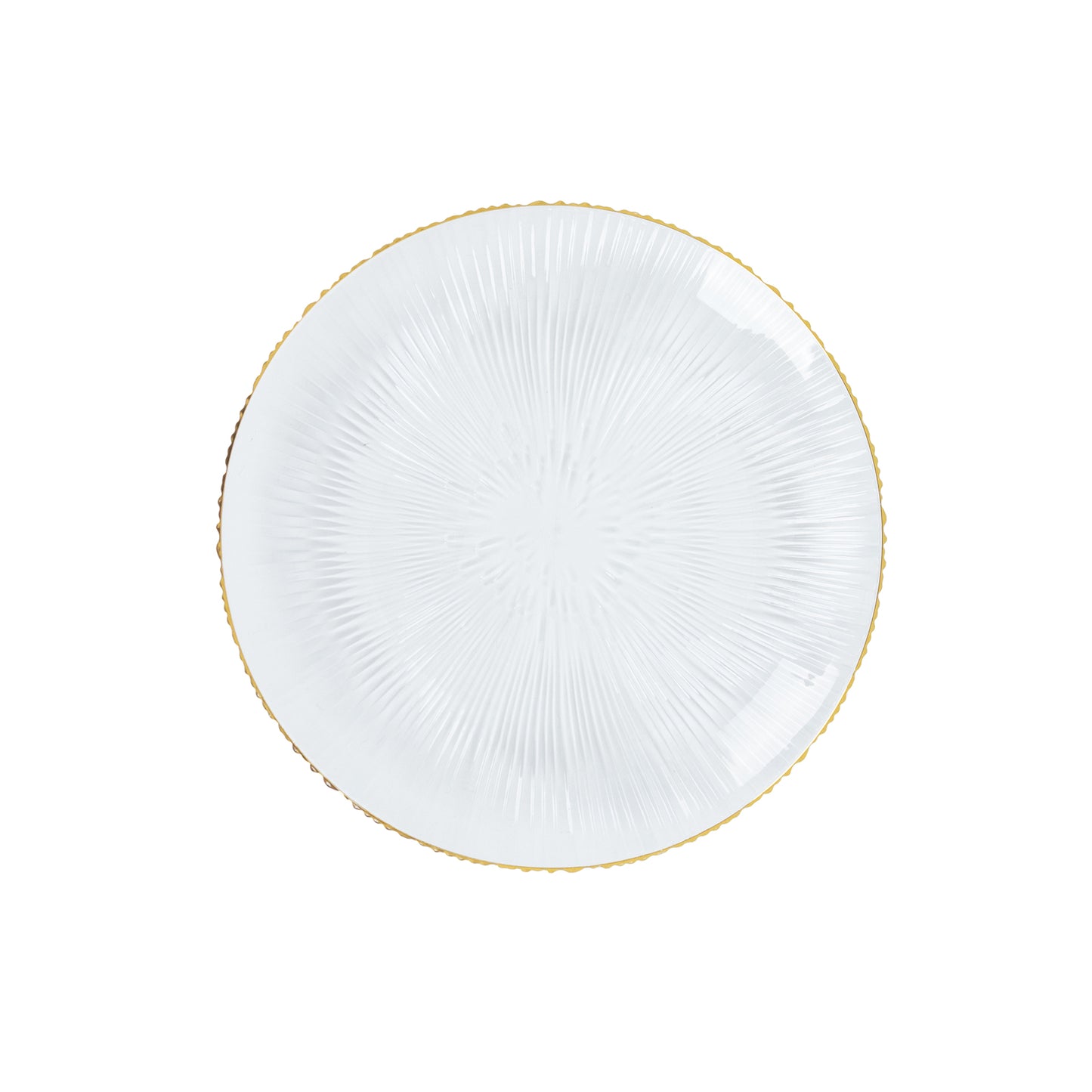Clear plastic dessert plate with gold rim and ribbed sunburst pattern. #whtbkgd