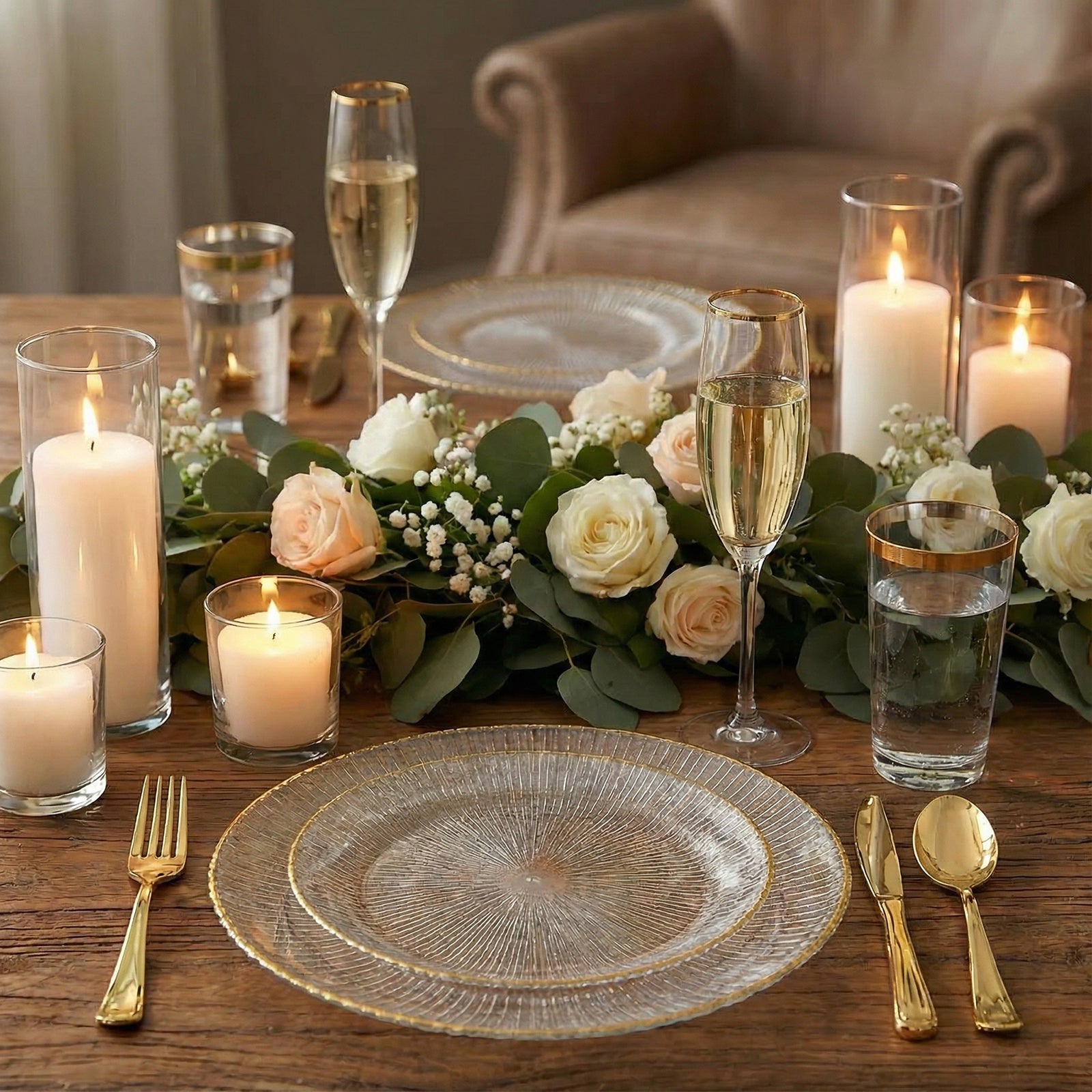 Clear plastic dessert plates with gold rim, ribbed sunburst pattern, elegant table setting.