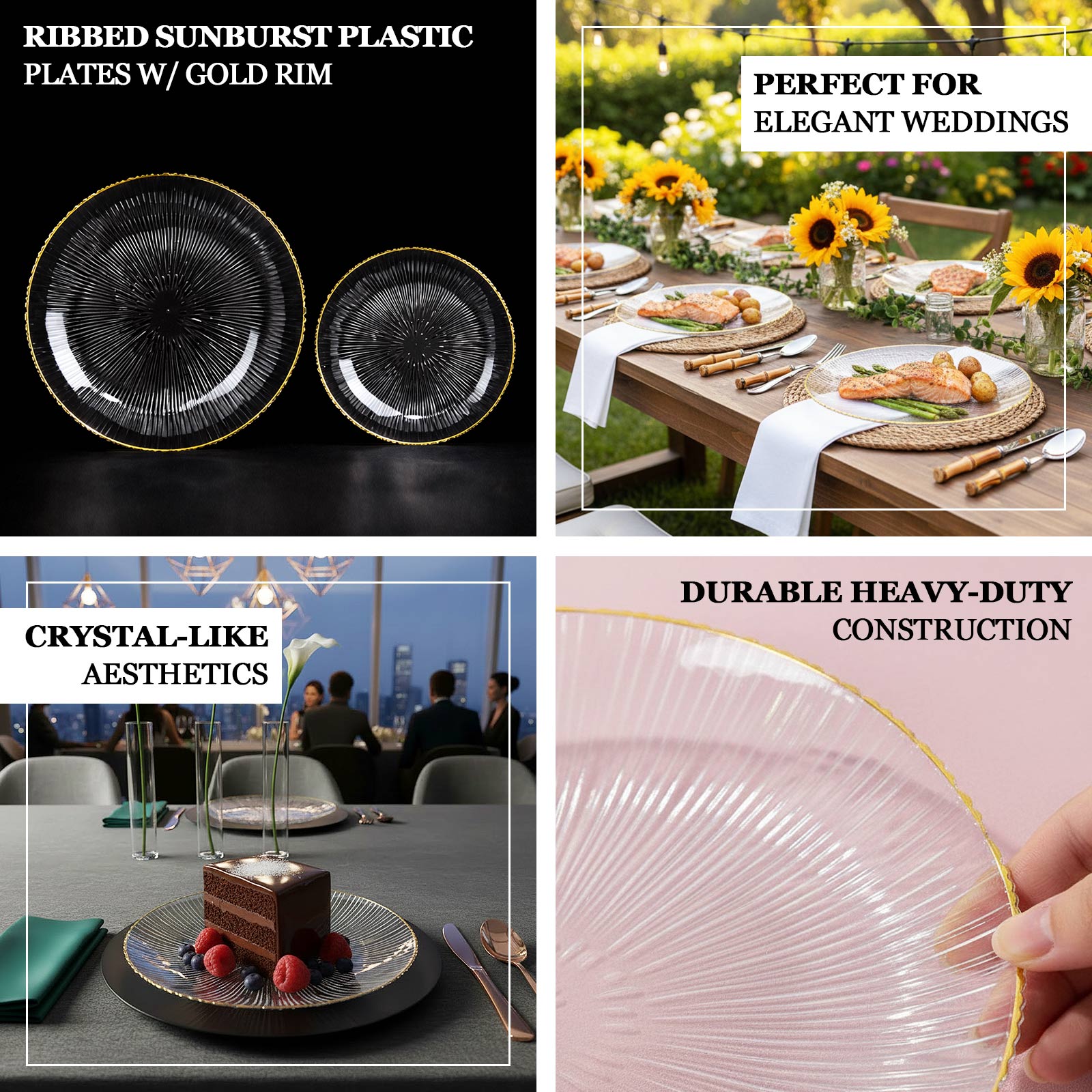 Clear plastic dessert plates with gold rim, ribbed sunburst design.