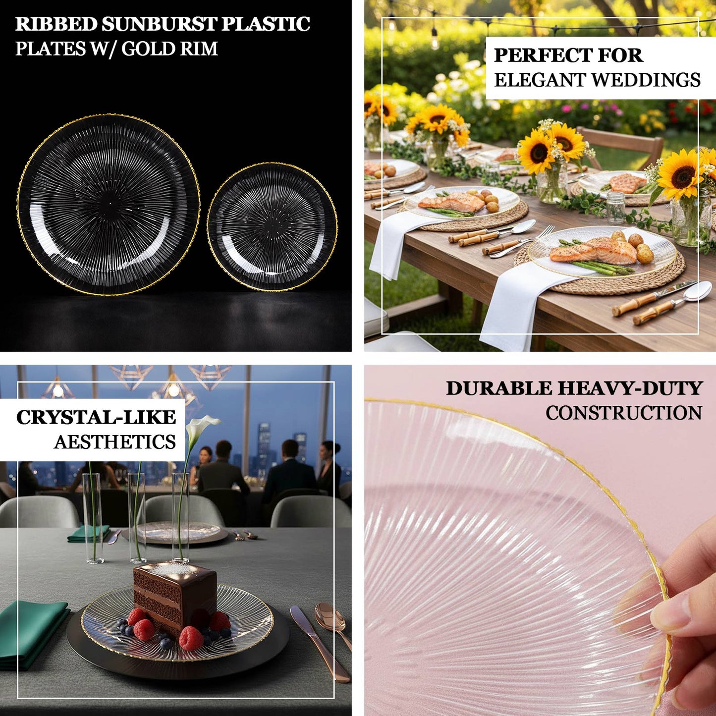 Clear plastic dinner plates with gold rim and ribbed sunburst pattern.