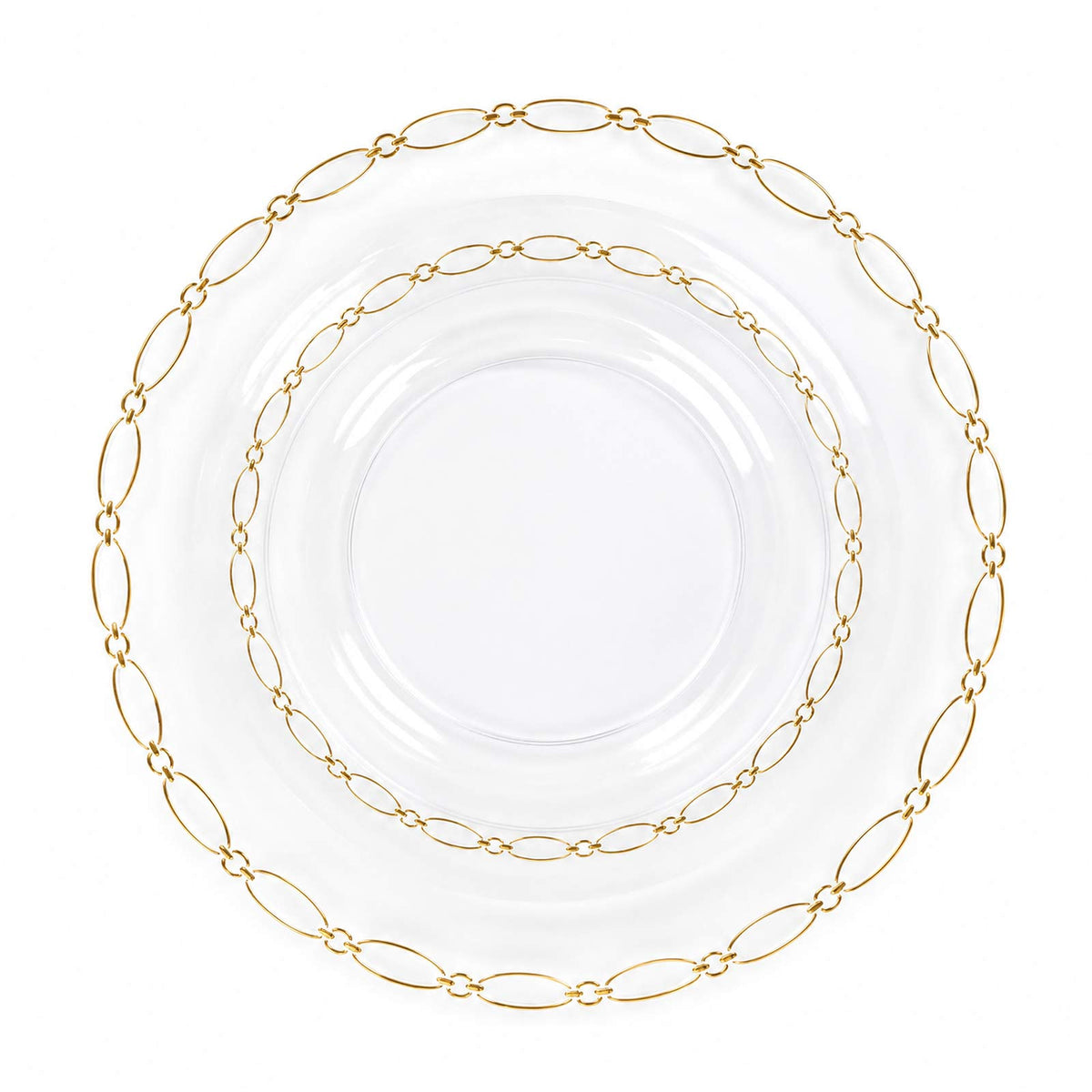 20 Pack Clear Plastic Dessert Plates, 7" Round with Gold Interlocking Chain Rim - Disposable Appetiz
