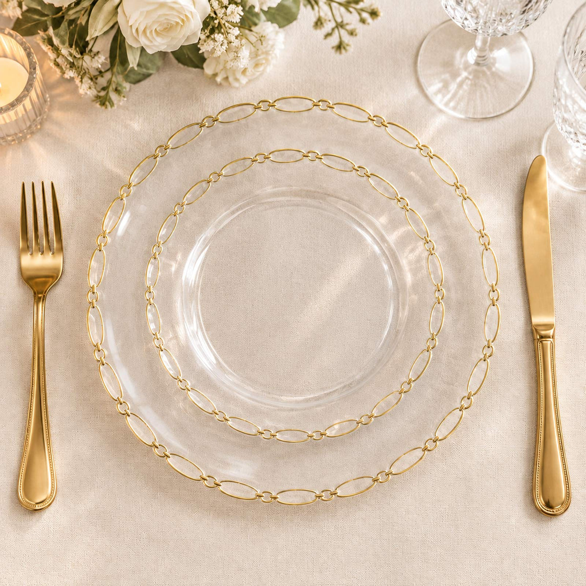 20 Pack Clear Plastic Dessert Plates, 7" Round with Gold Interlocking Chain Rim - Disposable Appetiz