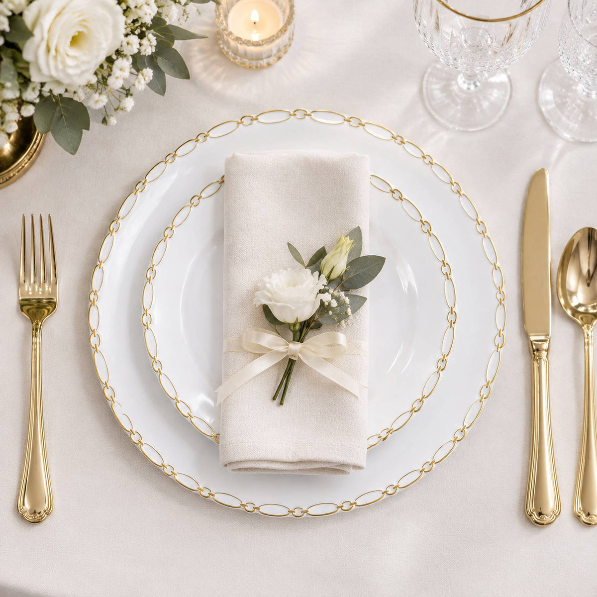 20 Pack White Plastic Dessert Plates, 7" Round with Gold Interlocking Chain Rim - Disposable Appetiz